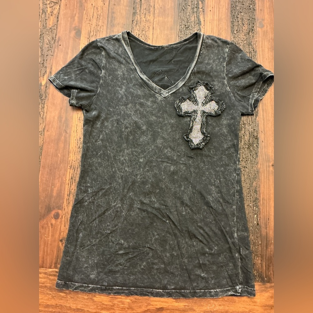 Y2K Black V-Neck Top with Cross Detail